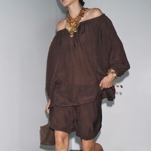 Zara ZW Collection Off-the-Shoulder Brown Blouse- Size XL- NWT